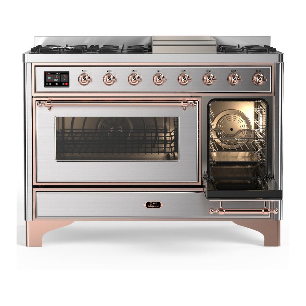 Ilve UM48FNR3SSPLP Ilve Um48Fnr3Ssplp Majestic Iii 48 Inch Dual Fuel Range With 8 Burners And Griddle, Dual Function Burner Up To 25,000 Btu (Liquid Propane, Triple Glass Door, Stainless Steel, Copper)