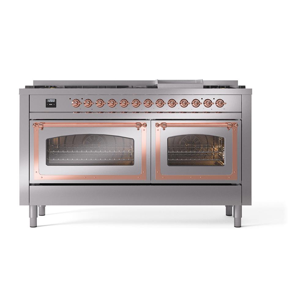 Ilve UN60FNMPSSP Ilve Un60Fnmpssp Nostalgie Ii Noblesse 60" Dual Fuel Range (9 Sealed Burners + Griddle, Natural Gas, Triple Glass Door, Stainless Steel, Copper)