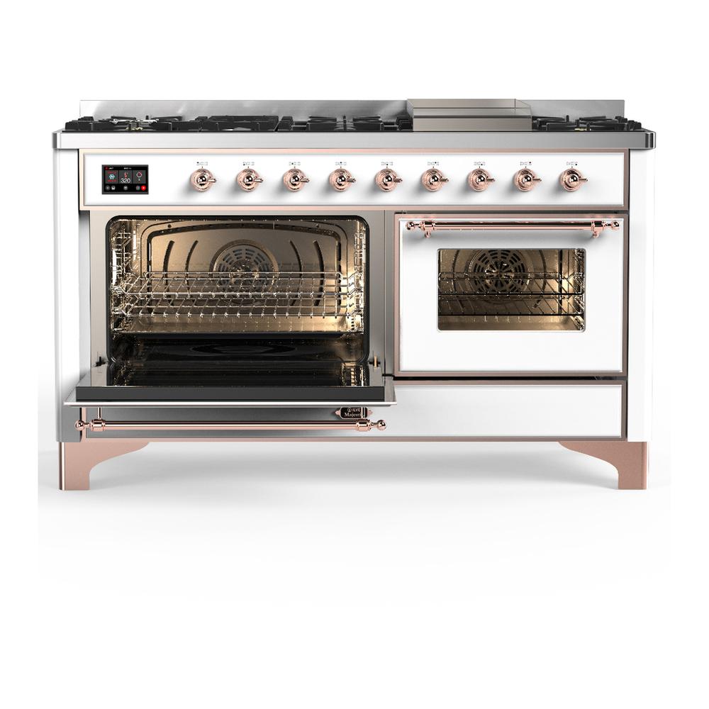 Ilve UM60FNR3WHP Ilve Um60Fnr3Whp Majestic Iii 60 Inch Dual Fuel Range With 9 Burners And Griddle, Dual Function Burner Up To 25,000 Btu (Natural Gas, Triple Glass Door, White, Copper)