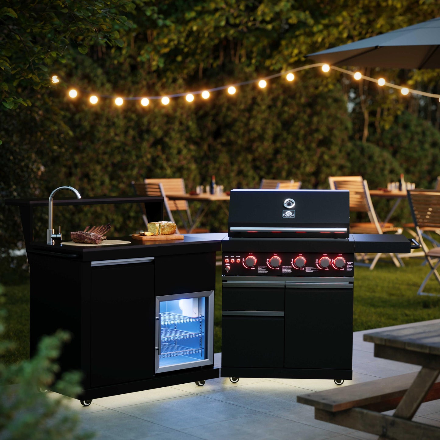 Forno FODKT2582BLK Forno All Aperto 62,600 Btu Bbq, 3 Stainless Steel Burners, Infrared Burners, Sink Module, Black Sintered Stone Countertops, Bar And Beverage Center