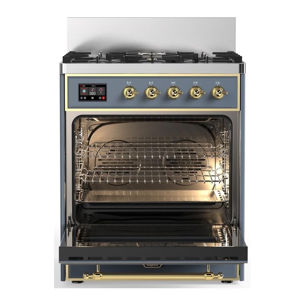 Ilve UM30NR3BGG Ilve Um30Nr3Bgg Majestic Iii 30 Inch Dual Fuel Range With 5 Black Brass Burners, Dual Function Burner Up To 25,000 Btu (Natural Gas, Triple Glass Door, Blue Grey, Brass)