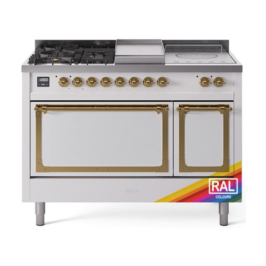 Ilve UN48FSQNMPRAGLP Ilve Un48Fsqnmpraglp Nostalgie Ii Noblesse 48" Dual Fuel Range (5 Sealed Burners + Griddle + French Top, Liquid Propane, Solid Door, Ral, Brass)