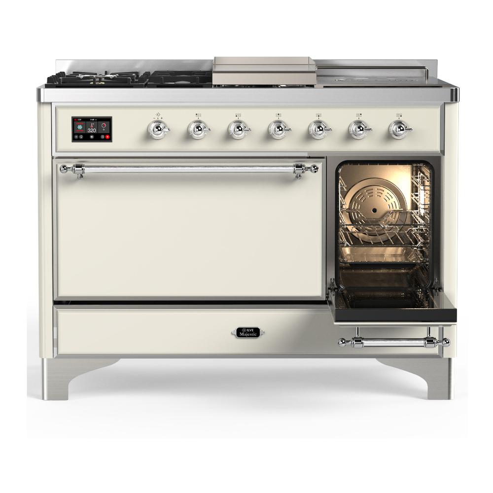 Ilve UM48FSQNR3AWC Ilve Um48Fsqnr3Awc Majestic Iii 48 Inch Dual Fuel Range With 5 Black Brass Burners, Griddle And French Top, Dual Function Burner Up To 25,000 Btu (Natural Gas, Solid Door, Antique White, Chrome)