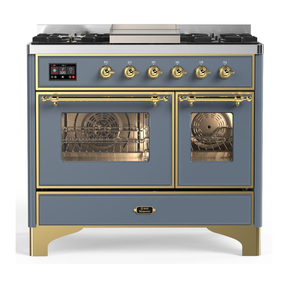 Ilve UMD40FNR3BGGLP Ilve Umd40Fnr3Bgglp Majestic Iii 40 Inch Dual Fuel Range With 6 Burners And Griddle, Dual Function Burner Up To 25,000 Btu (Liquid Propane, Triple Glass Door, Blue Grey, Brass)