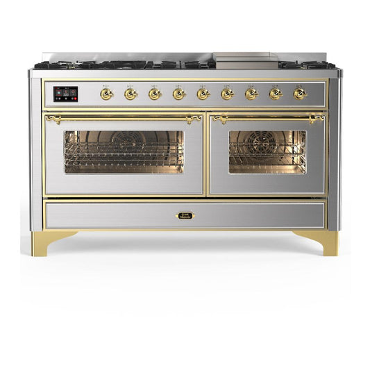 Ilve UM60FNR3SSGLP Ilve Um60Fnr3Ssglp Majestic Iii 60 Inch Dual Fuel Range With 9 Burners And Griddle, Dual Function Burner Up To 25,000 Btu (Liquid Propane, Triple Glass Door, Stainless Steel, Brass)
