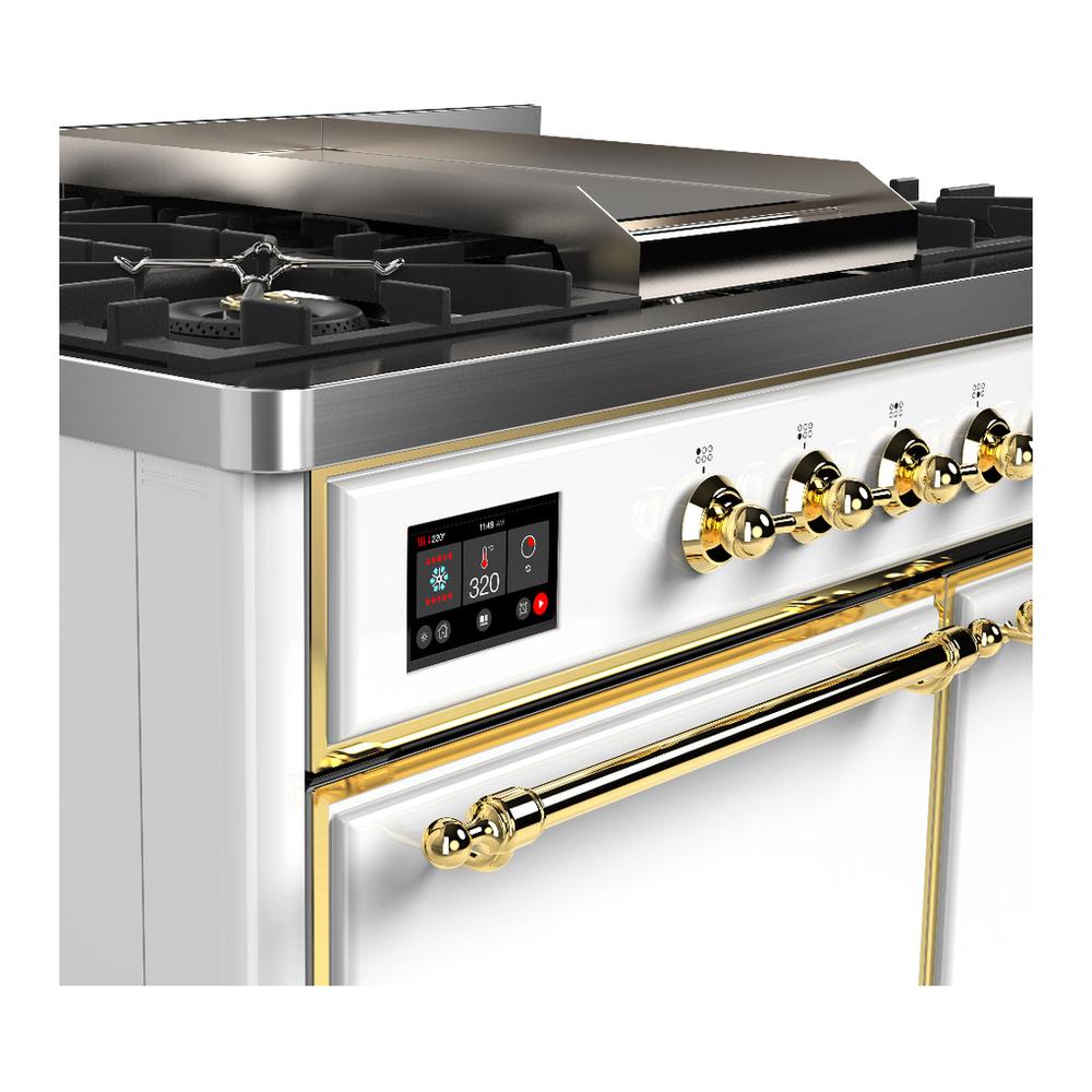 Ilve UMD40FQNR3WHG Ilve Umd40Fqnr3Whg Majestic Iii 40 Inch Dual Fuel Range With 6 Burners And Griddle, Dual Function Burner Up To 25,000 Btu (Natural Gas, Solid Door, White, Brass)
