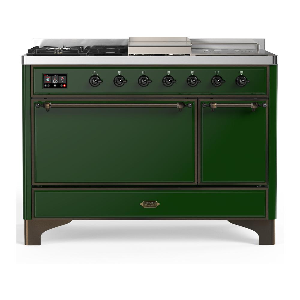 Ilve UM48FSQNR3EGB Ilve Um48Fsqnr3Egb Majestic Iii 48 Inch Dual Fuel Range With 5 Black Brass Burners, Griddle And French Top, Dual Function Burner Up To 25,000 Btu (Natural Gas, Solid Door, Emerald Green, Burnished)