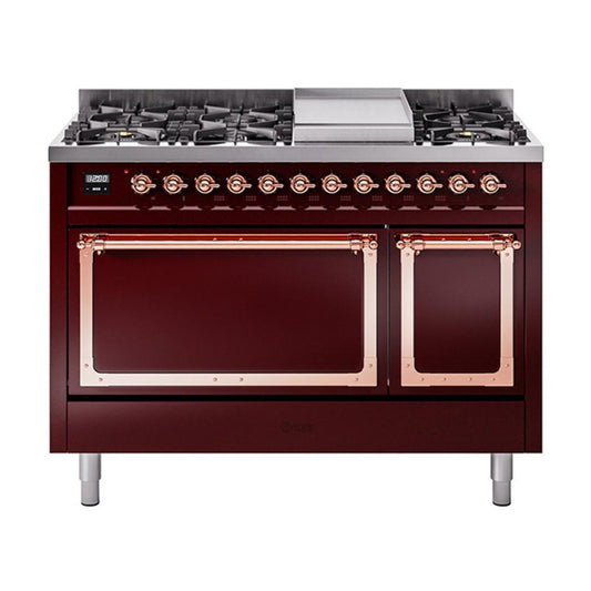 Ilve UN48FQNMPBUP Ilve Un48Fqnmpbup Nostalgie Ii Noblesse 48" Dual Fuel Range (8 Sealed Burners + Griddle, Natural Gas, Solid Door, Burgundy, Copper)