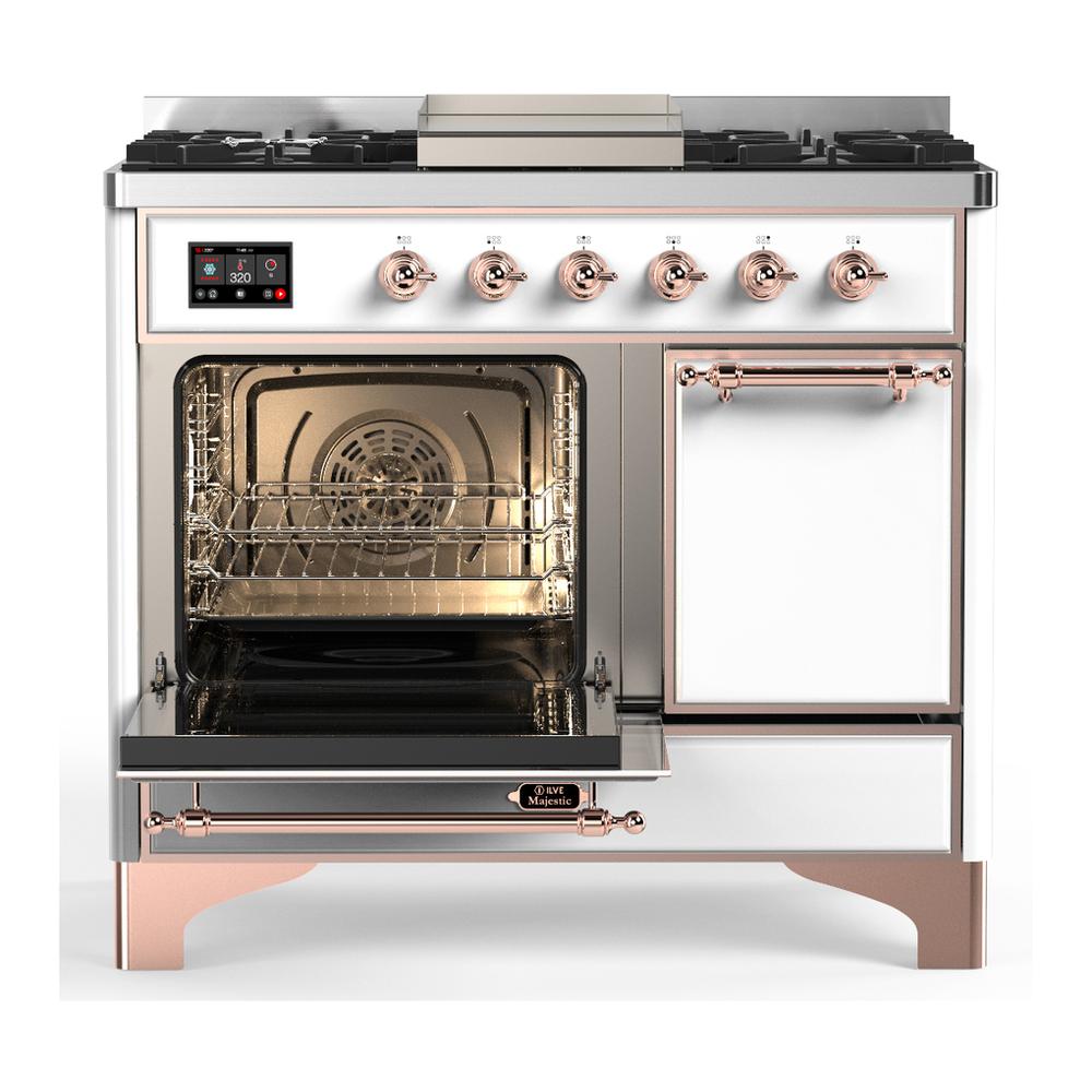 Ilve UMD40FQNR3WHP Ilve Umd40Fqnr3Whp Majestic Iii 40 Inch Dual Fuel Range With 6 Burners And Griddle, Dual Function Burner Up To 25,000 Btu (Natural Gas, Solid Door, White, Copper)
