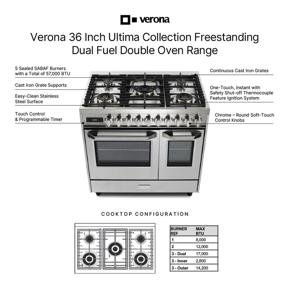 Verona VUFSGE365DSS Verona Vufsge365Dss 36 Inch Ultima Collection Double Oven Dual Fuel Range With 5 Brass Burners, 4.1 Cu. Ft. Total Oven Capacity