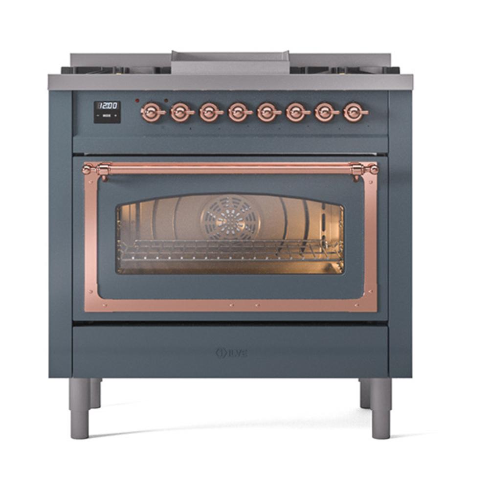 Ilve UN36FNMPBGPLP Ilve Un36Fnmpbgplp Nostalgie Ii Noblesse 36" Dual Fuel Range (Liquid Propane, Triple Glass Door, Blue Grey, Copper)