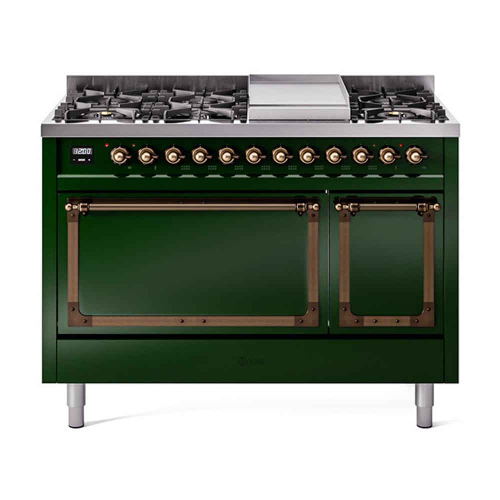 Ilve UN48FQNMPEGB Ilve Un48Fqnmpegb Nostalgie Ii Noblesse 48" Dual Fuel Range (8 Sealed Burners + Griddle, Natural Gas, Solid Door, Emerald Green, Burnished)
