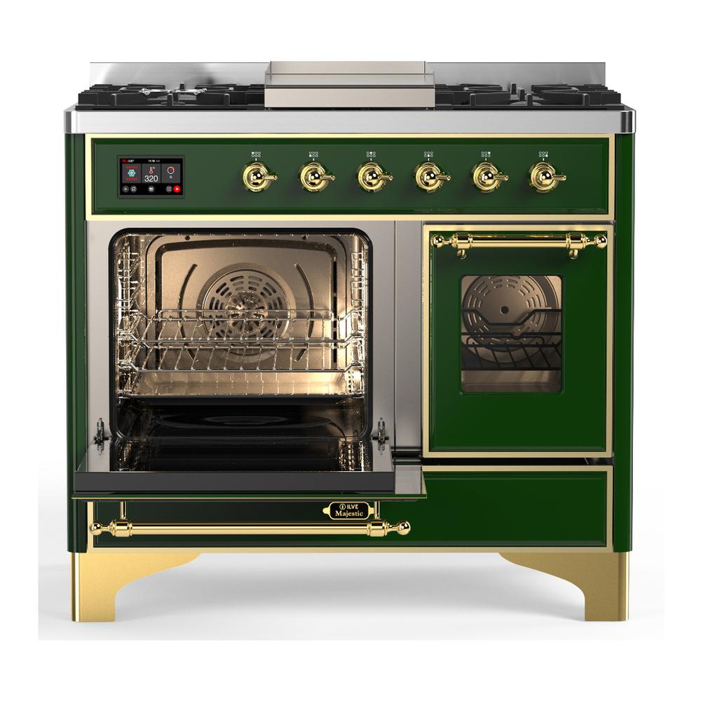 Ilve UMD40FNR3EGGLP Ilve Umd40Fnr3Egglp Majestic Iii 40 Inch Dual Fuel Range With 6 Burners And Griddle, Dual Function Burner Up To 25,000 Btu (Liquid Propane, Triple Glass Door, Emerald Green, Brass)