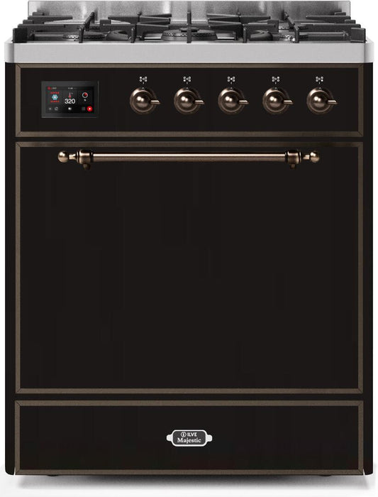 Ilve UM30DQNE3BKB Majestic Ii 30 Inch Dual Fuel Natural Gas Freestanding Range In Glossy Black With Bronze Trim
