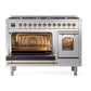 Ilve UP488NMPSSG Ilve Up488Nmpssg Nostalgie Ii 48 Inch Dual Fuel Range With 8 Total Black Brass Sealed Burners, Brass Trim (Limited Edition) (Natural Gas, Stainless Steel)