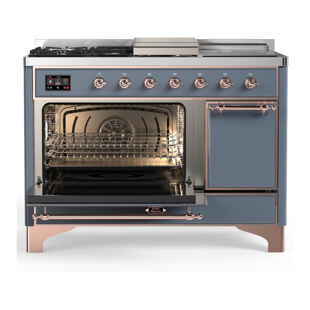 Ilve UM48FSQNR3BGP Ilve Um48Fsqnr3Bgp Majestic Iii 48 Inch Dual Fuel Range With 5 Black Brass Burners, Griddle And French Top, Dual Function Burner Up To 25,000 Btu (Natural Gas, Solid Door, Blue Grey, Copper)