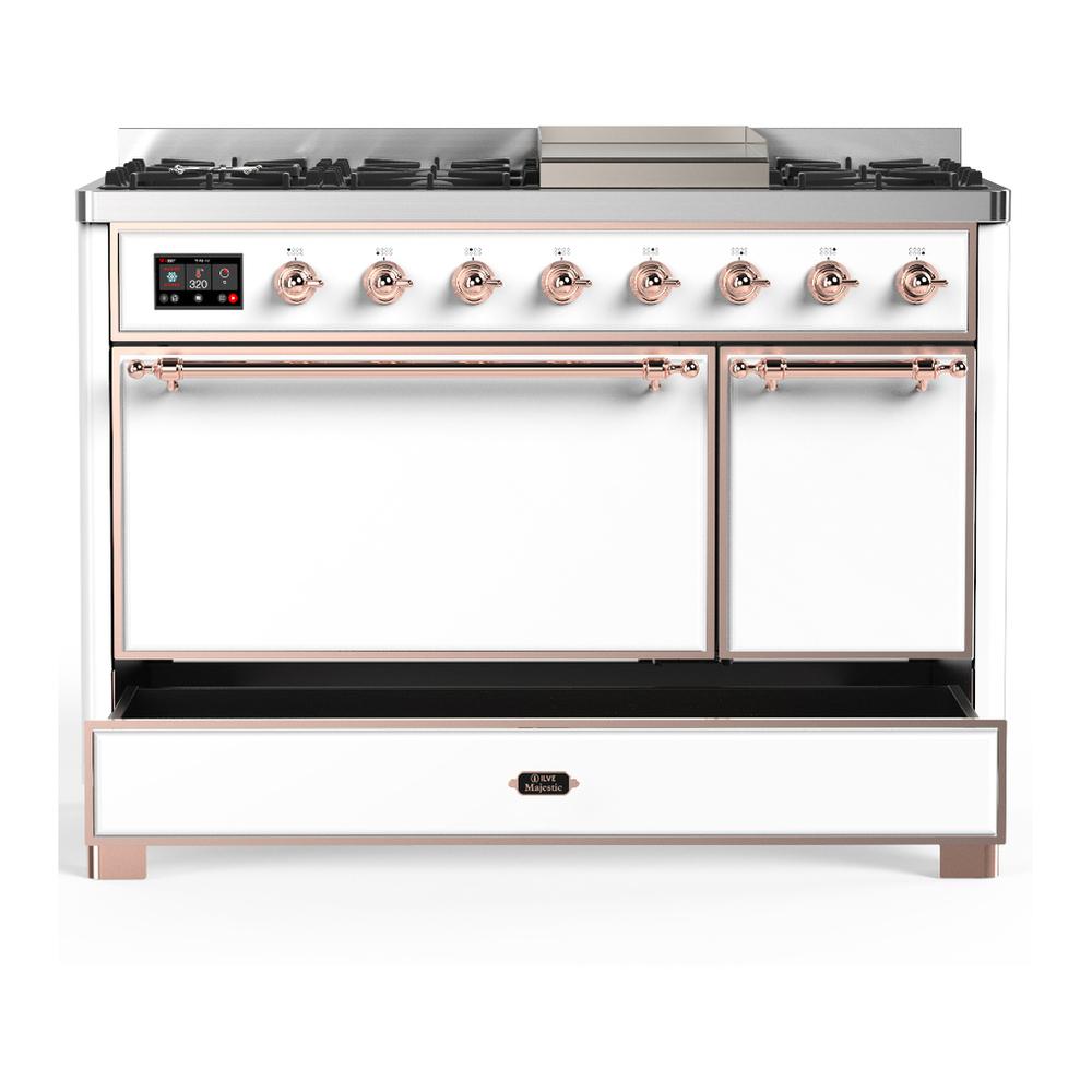 Ilve UM48FQNR3WHP Ilve Um48Fqnr3Whp Majestic Iii 48 Inch Dual Fuel Range With 8 Burners And Griddle, Dual Function Burner Up To 25,000 Btu (Natural Gas, Solid Door, White, Copper)