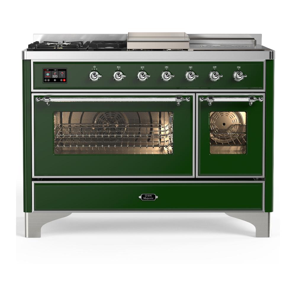Ilve UM48FSNR3EGC Ilve Um48Fsnr3Egc Majestic Iii 48 Inch Dual Fuel Range With 5 Black Brass Burners, Griddle And French Top, Dual Function Burner Up To 25,000 Btu (Natural Gas, Triple Glass Door, Emerald Green, Chrome)