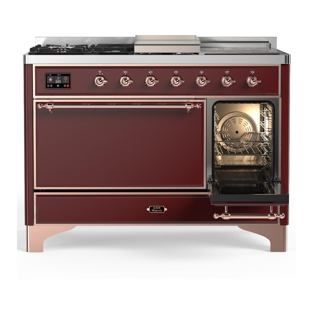 Ilve UM48FSQNR3BUPLP Ilve Um48Fsqnr3Buplp Majestic Iii 48 Inch Dual Fuel Range With 5 Black Brass Burners, Griddle And French Top, Dual Function Burner Up To 25,000 Btu (Liquid Propane, Solid Door, Burgundy, Copper)