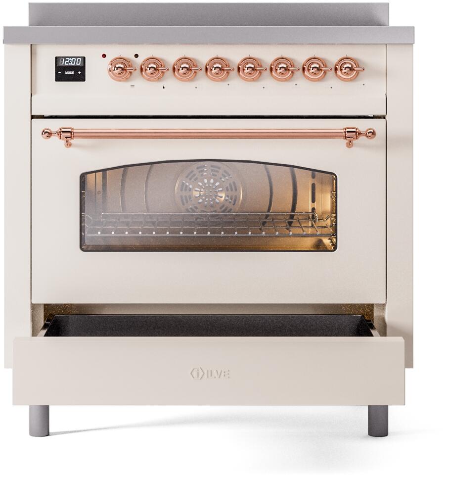 Ilve UPI366NMPAWP Nostalgie Ii 36 Inch Electric Freestanding Range In Antique White With Copper Trim