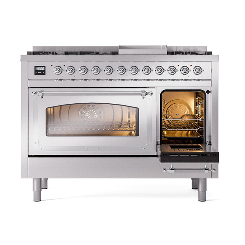 Ilve UN48FNMPSSC Ilve Un48Fnmpssc Nostalgie Ii Noblesse 48" Dual Fuel Range (8 Sealed Burners + Griddle, Natural Gas, Triple Glass Door, Stainless Steel, Chrome)