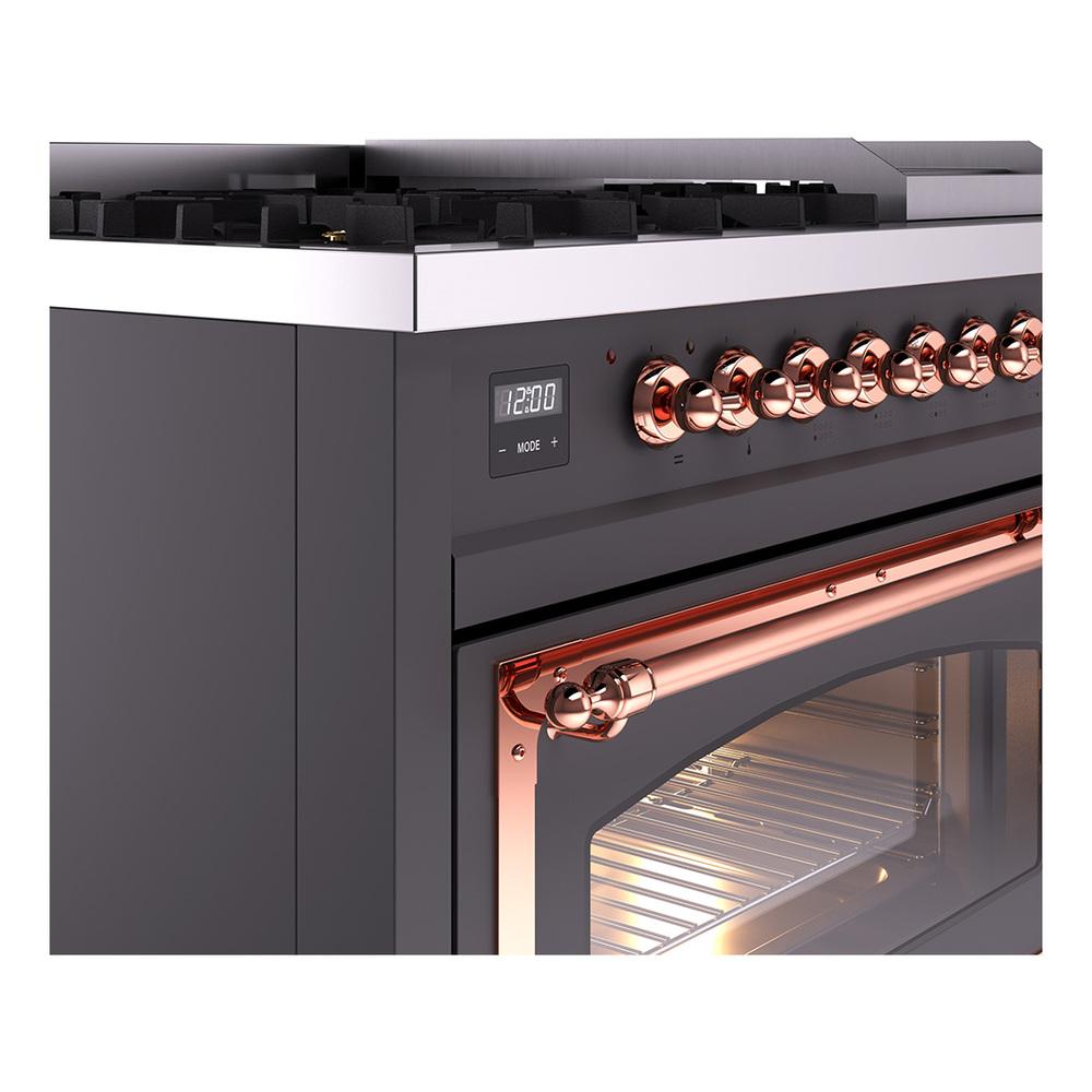 Ilve UN48FNMPMGP Ilve Un48Fnmpmgp Nostalgie Ii Noblesse 48" Dual Fuel Range (8 Sealed Burners + Griddle, Natural Gas, Triple Glass Door, Graphite Matte, Copper)