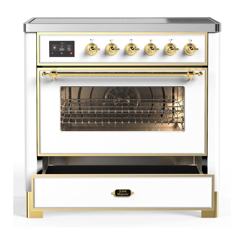 Ilve UMIB36NR3WHG Ilve Umib36Nr3Whg Majestic Iii 36 Inch Induction Range With 6 Elements, 3.5 Cu. Ft. Total Oven Capacity (Triple Glass Door, White, Brass)