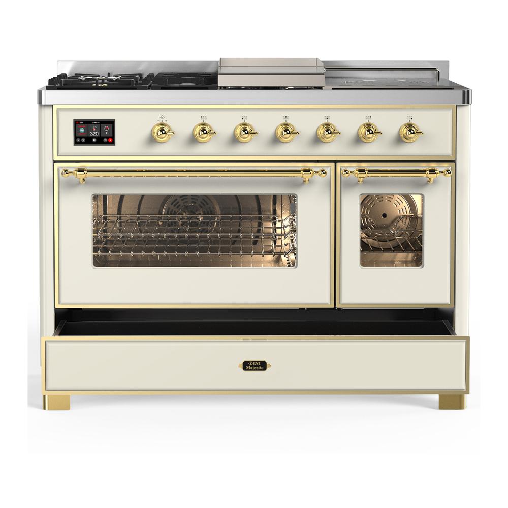 Ilve UM48FSNR3AWG Ilve Um48Fsnr3Awg Majestic Iii 48 Inch Dual Fuel Range With 5 Black Brass Burners, Griddle And French Top, Dual Function Burner Up To 25,000 Btu (Natural Gas, Triple Glass Door, Antique White, Brass)