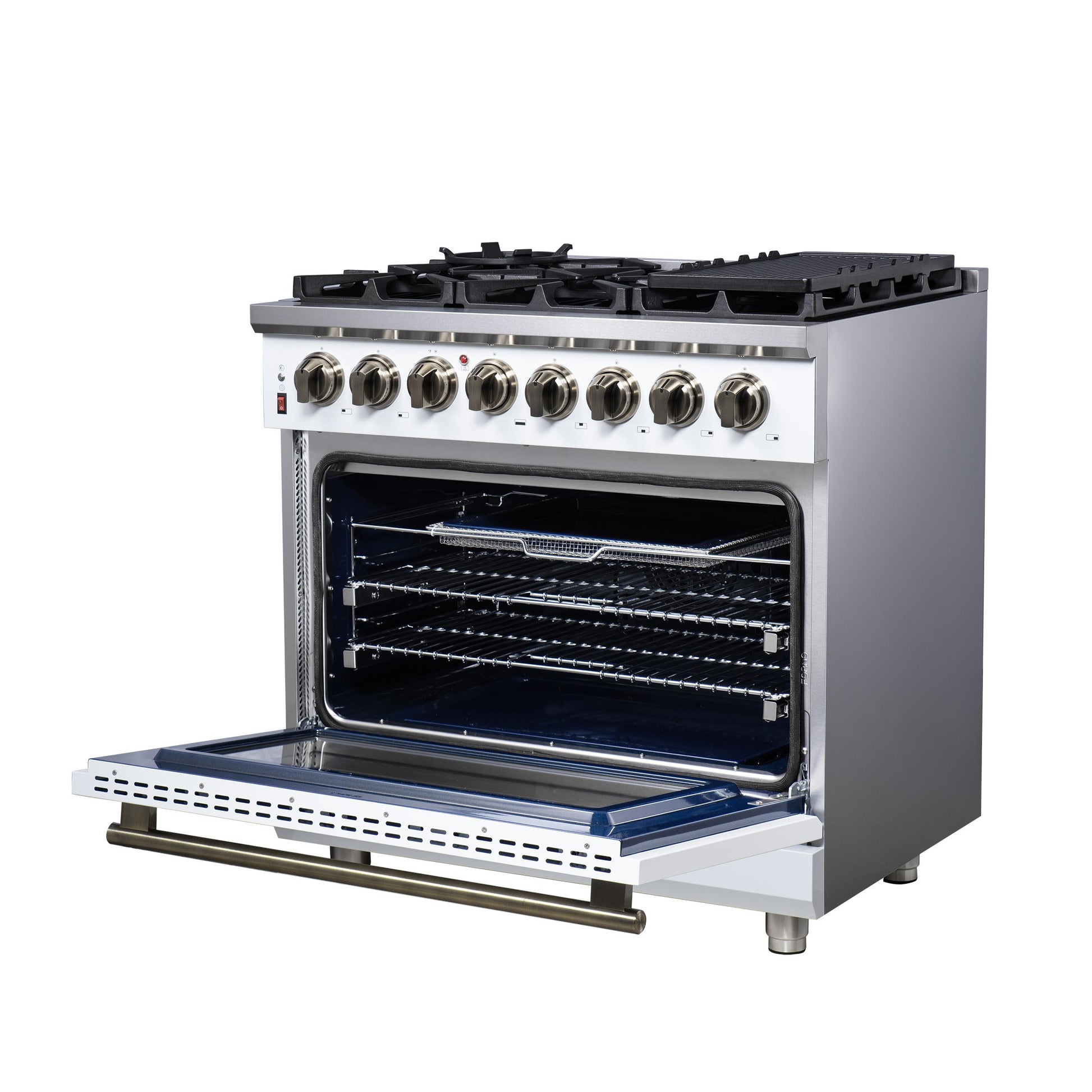 Forno FFSGS612536WHT Forno Massimo 36 Inch Freestanding Dual Fuel Range In White With Antique Brass Accessories, 6 Burners, 5.36 Cu. Ft. Convection Oven