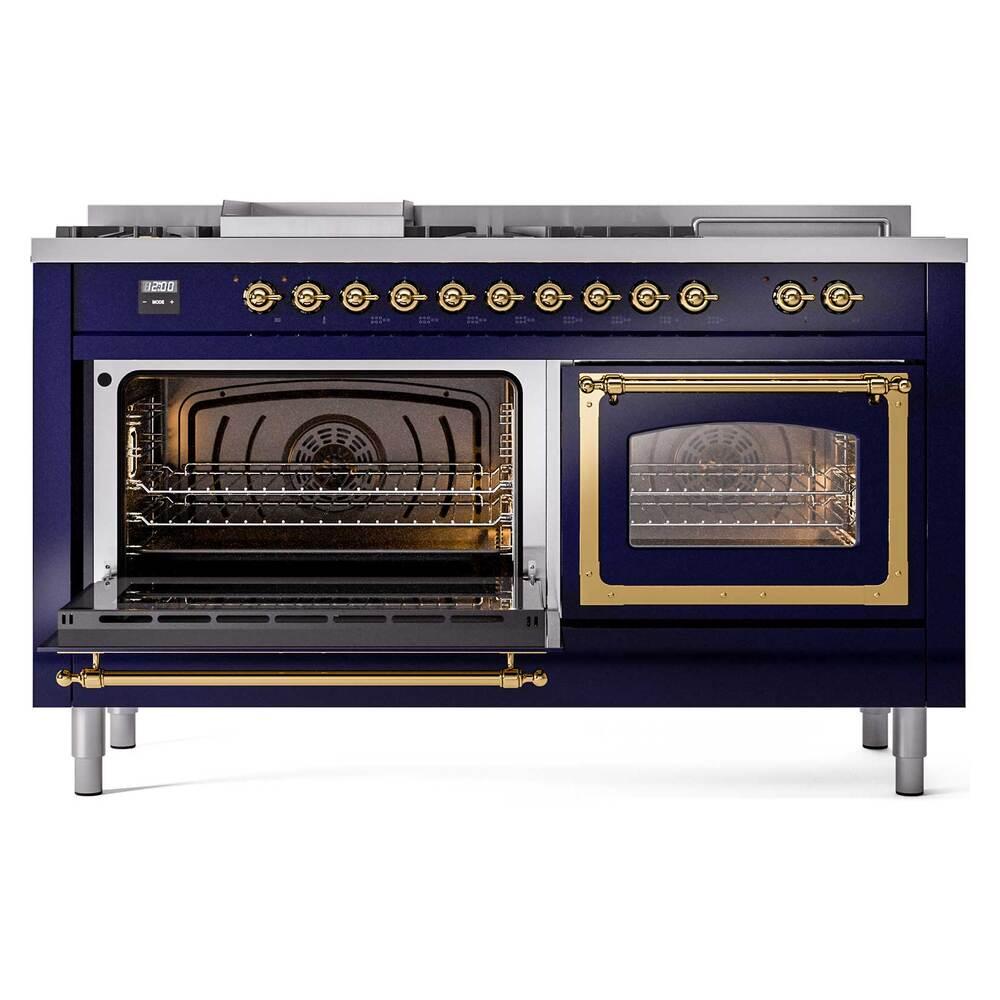 Ilve UN60FSNMPMBG Ilve Un60Fsnmpmbg Nostalgie Ii Noblesse 60" Dual Fuel Range (7 Sealed Burners + Griddle + French Top, Natural Gas, Triple Glass Door, Midnight Blue, Brass)