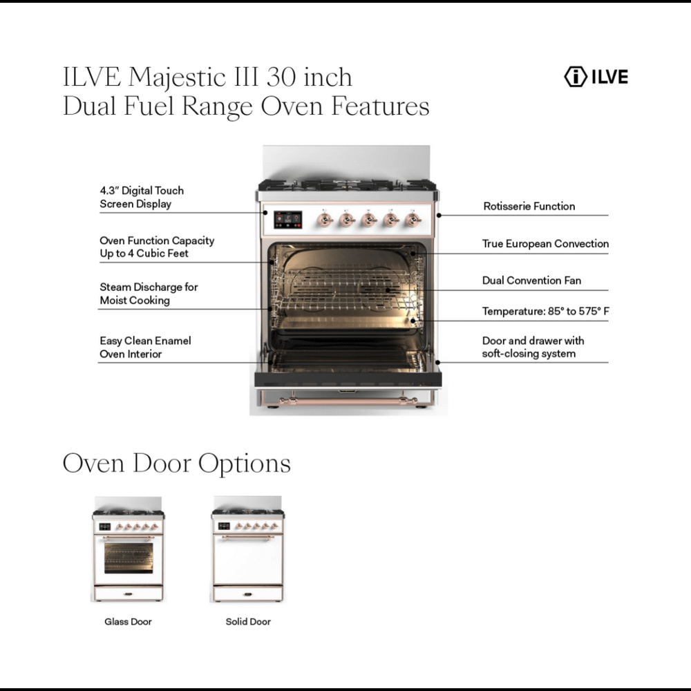 Ilve UM30NR3AWB Ilve Um30Nr3Awb Majestic Iii 30 Inch Dual Fuel Range With 5 Black Brass Burners, Dual Function Burner Up To 25,000 Btu (Natural Gas, Triple Glass Door, Antique White, Burnished)