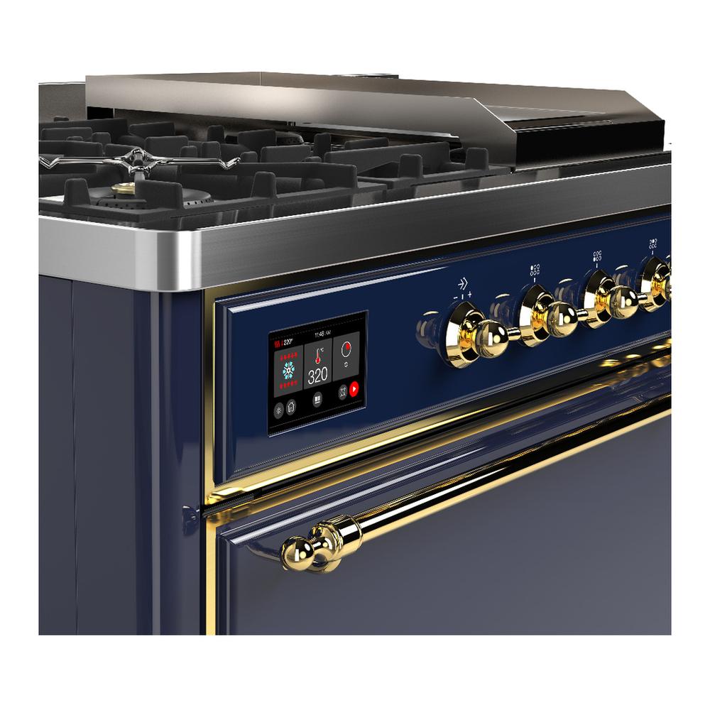 Ilve UM48FSQNR3MBG Ilve Um48Fsqnr3Mbg Majestic Iii 48 Inch Dual Fuel Range With 5 Black Brass Burners, Griddle And French Top, Dual Function Burner Up To 25,000 Btu (Natural Gas, Solid Door, Midnight Blue, Brass)