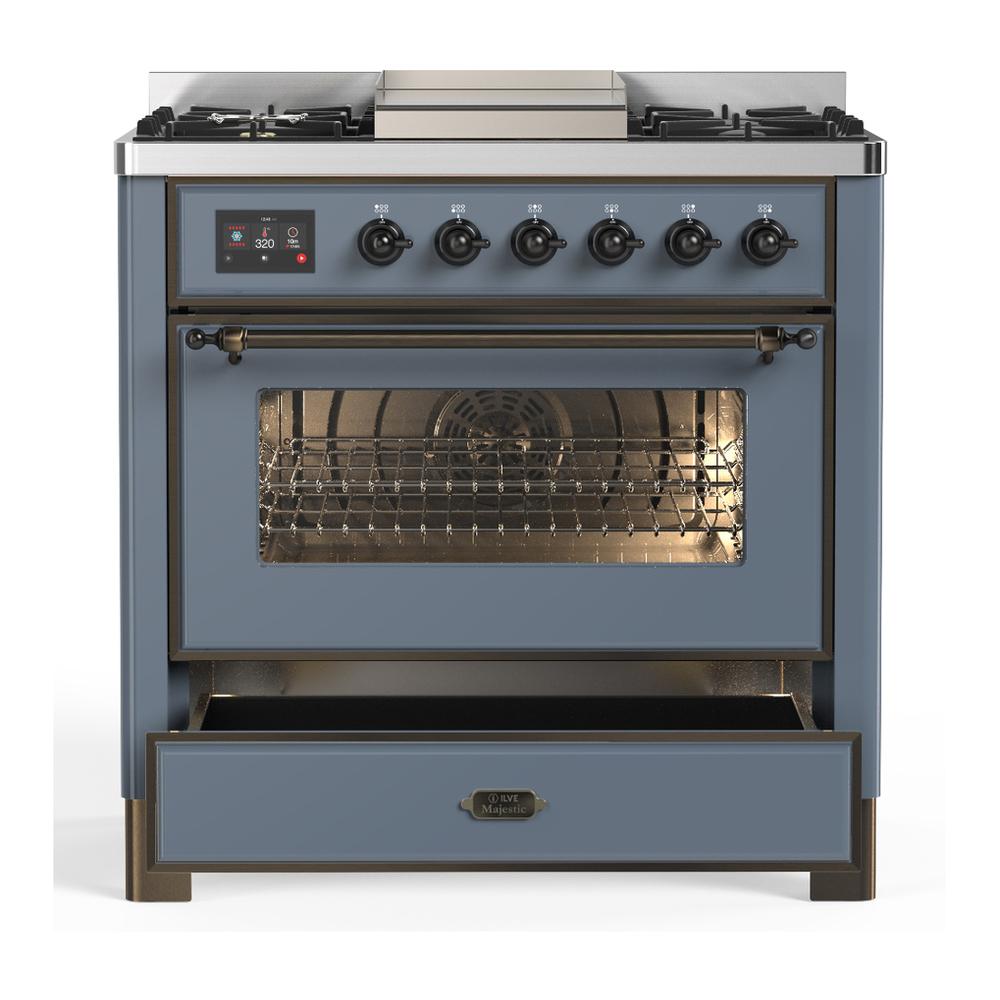 Ilve UM36FNR3BGBLP Ilve Um36Fnr3Bgblp Majestic Iii 36 Inch Dual Fuel Range With 6 Black Brass Burners And Griddle, Dual Function Burner Up To 25,000 Btu (Triple Glass Door, Blue Grey, Burnished, Liquid Propane)