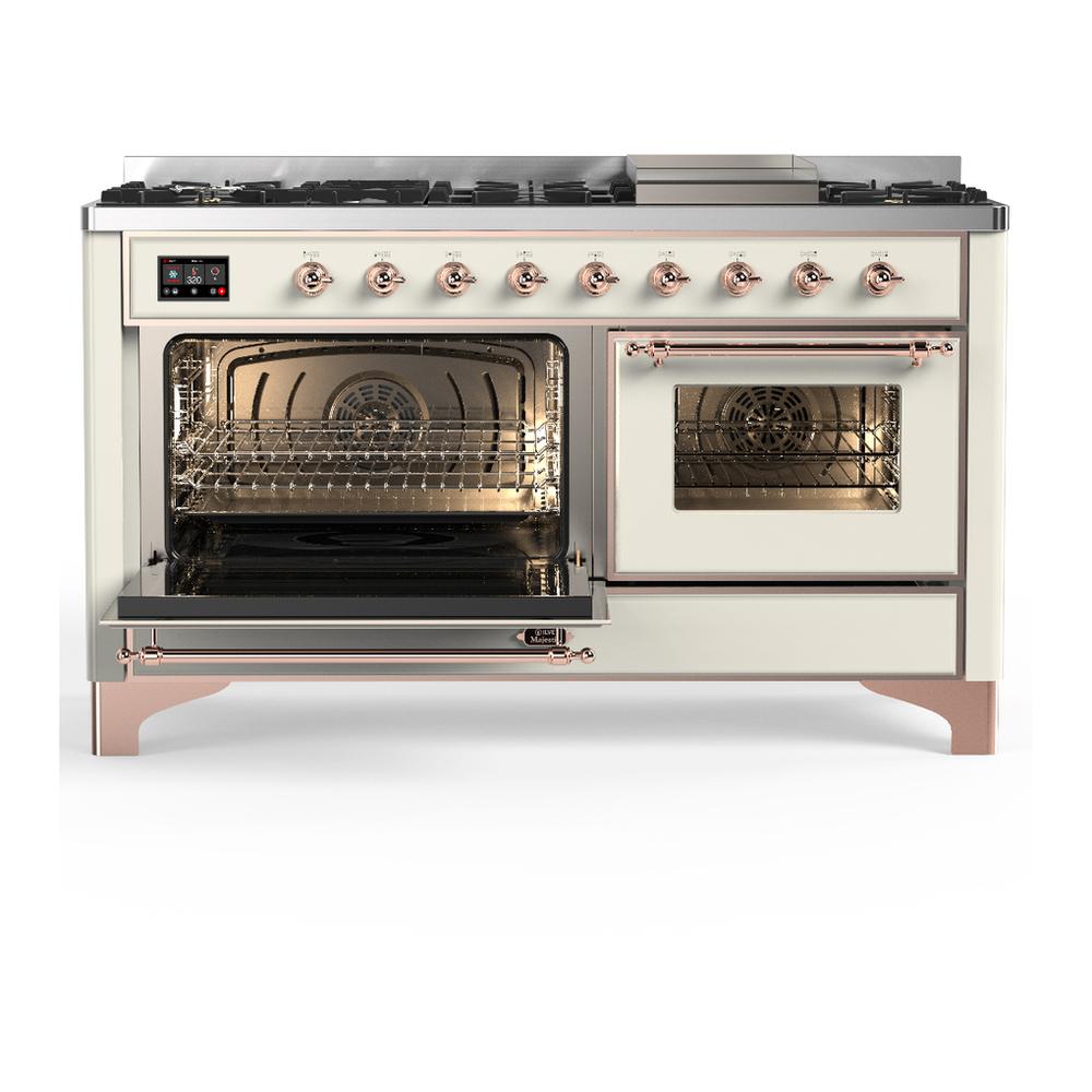Ilve UM60FNR3AWP Ilve Um60Fnr3Awp Majestic Iii 60 Inch Dual Fuel Range With 9 Burners And Griddle, Dual Function Burner Up To 25,000 Btu (Natural Gas, Triple Glass Door, Antique White, Copper)