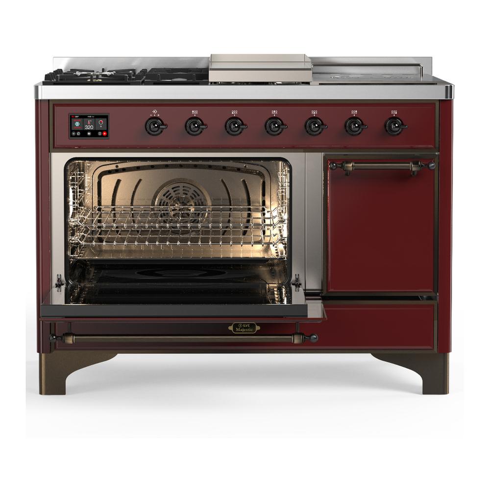 Ilve UM48FSQNR3BUB Ilve Um48Fsqnr3Bub Majestic Iii 48 Inch Dual Fuel Range With 5 Black Brass Burners, Griddle And French Top, Dual Function Burner Up To 25,000 Btu (Natural Gas, Solid Door, Burgundy, Burnished)