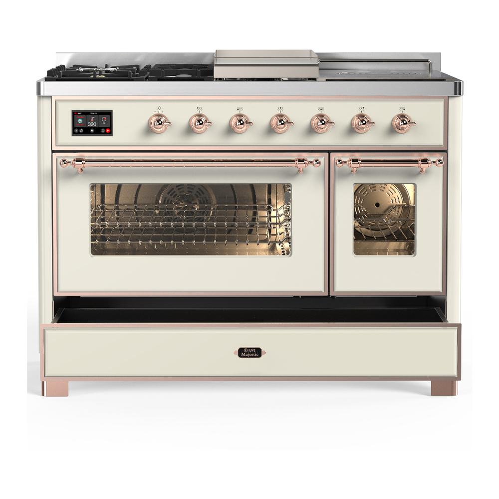 Ilve UM48FSNR3AWP Ilve Um48Fsnr3Awp Majestic Iii 48 Inch Dual Fuel Range With 5 Black Brass Burners, Griddle And French Top, Dual Function Burner Up To 25,000 Btu (Natural Gas, Triple Glass Door, Antique White, Copper)