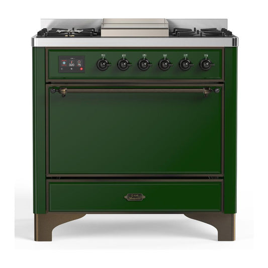 Ilve UM36FQNR3EGBLP Ilve Um36Fqnr3Egblp Majestic Iii 36 Inch Dual Fuel Range With 6 Black Brass Burners And Griddle, Dual Function Burner Up To 25,000 Btu (Solid Door, Emerald Green, Burnished, Liquid Propane)