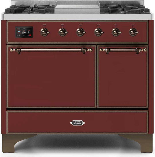 Ilve UMD10FDQNS3BUB Majestic Ii 40 Inch Dual Fuel Natural Gas Freestanding Range In Burgundy With Bronze Trim