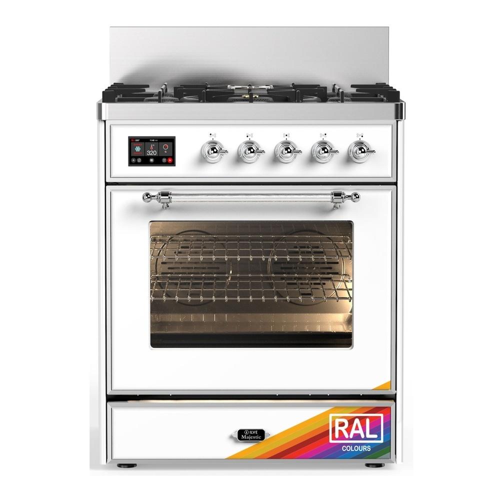 Ilve UM30NR3RAC Ilve Um30Nr3Rac Majestic Iii 30 Inch Dual Fuel Range With 5 Black Brass Burners, Dual Function Burner Up To 25,000 Btu (Natural Gas, Triple Glass Door, Ral, Chrome)