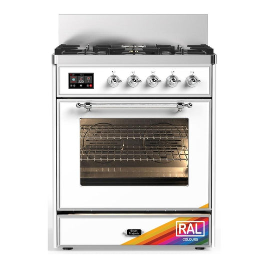 Ilve UM30NR3RAC Ilve Um30Nr3Rac Majestic Iii 30 Inch Dual Fuel Range With 5 Black Brass Burners, Dual Function Burner Up To 25,000 Btu (Natural Gas, Triple Glass Door, Ral, Chrome)