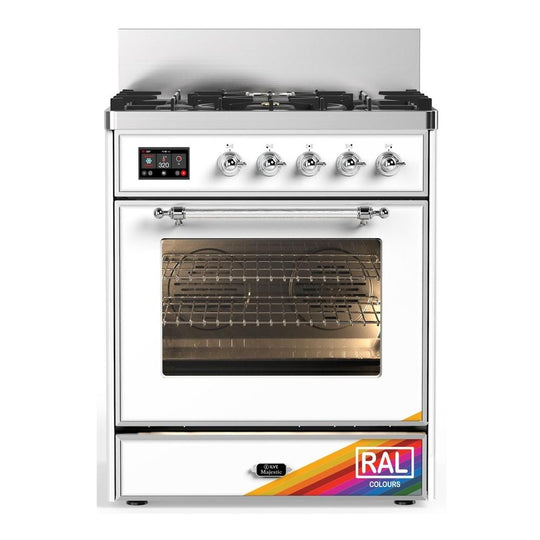 Ilve UM30NR3RAC Ilve Um30Nr3Rac Majestic Iii 30 Inch Dual Fuel Range With 5 Black Brass Burners, Dual Function Burner Up To 25,000 Btu (Natural Gas, Triple Glass Door, Ral, Chrome)