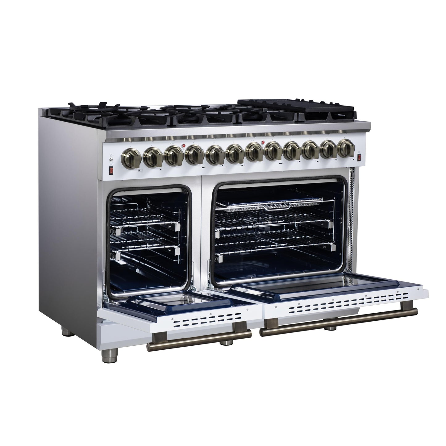 Forno FFSGS612548WHT Forno Massimo 48 Inch Freestanding Dual Fuel Range In White With Antique Brass Accessories, 8 Burners, 6.58 Cu. Ft. Convection Oven