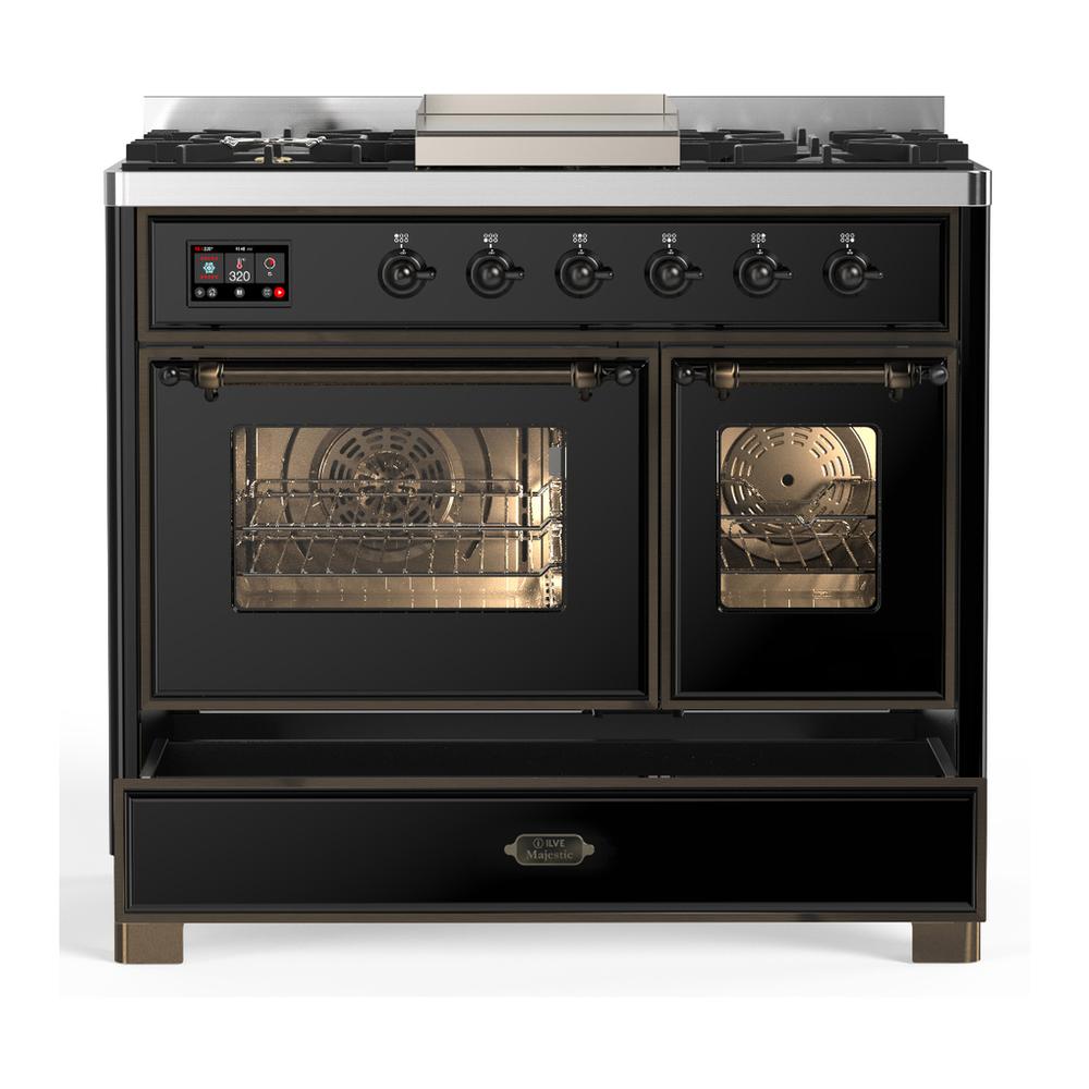 Ilve UMD40FNR3BKB Ilve Umd40Fnr3Bkb Majestic Iii 40 Inch Dual Fuel Range With 6 Burners And Griddle, Dual Function Burner Up To 25,000 Btu (Natural Gas, Triple Glass Door, Glossy Black, Burnished)