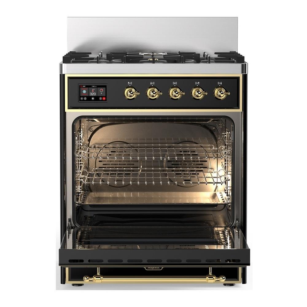 Ilve UM30NR3BKG Ilve Um30Nr3Bkg Majestic Iii 30 Inch Dual Fuel Range With 5 Black Brass Burners, Dual Function Burner Up To 25,000 Btu (Natural Gas, Triple Glass Door, Glossy Black, Brass)