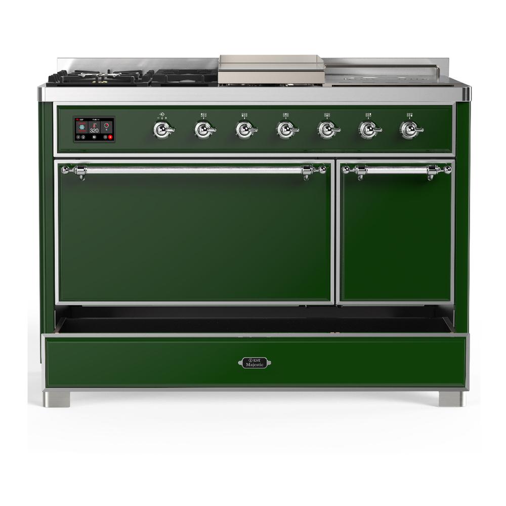Ilve UM48FSQNR3EGC Ilve Um48Fsqnr3Egc Majestic Iii 48 Inch Dual Fuel Range With 5 Black Brass Burners, Griddle And French Top, Dual Function Burner Up To 25,000 Btu (Natural Gas, Solid Door, Emerald Green, Chrome)