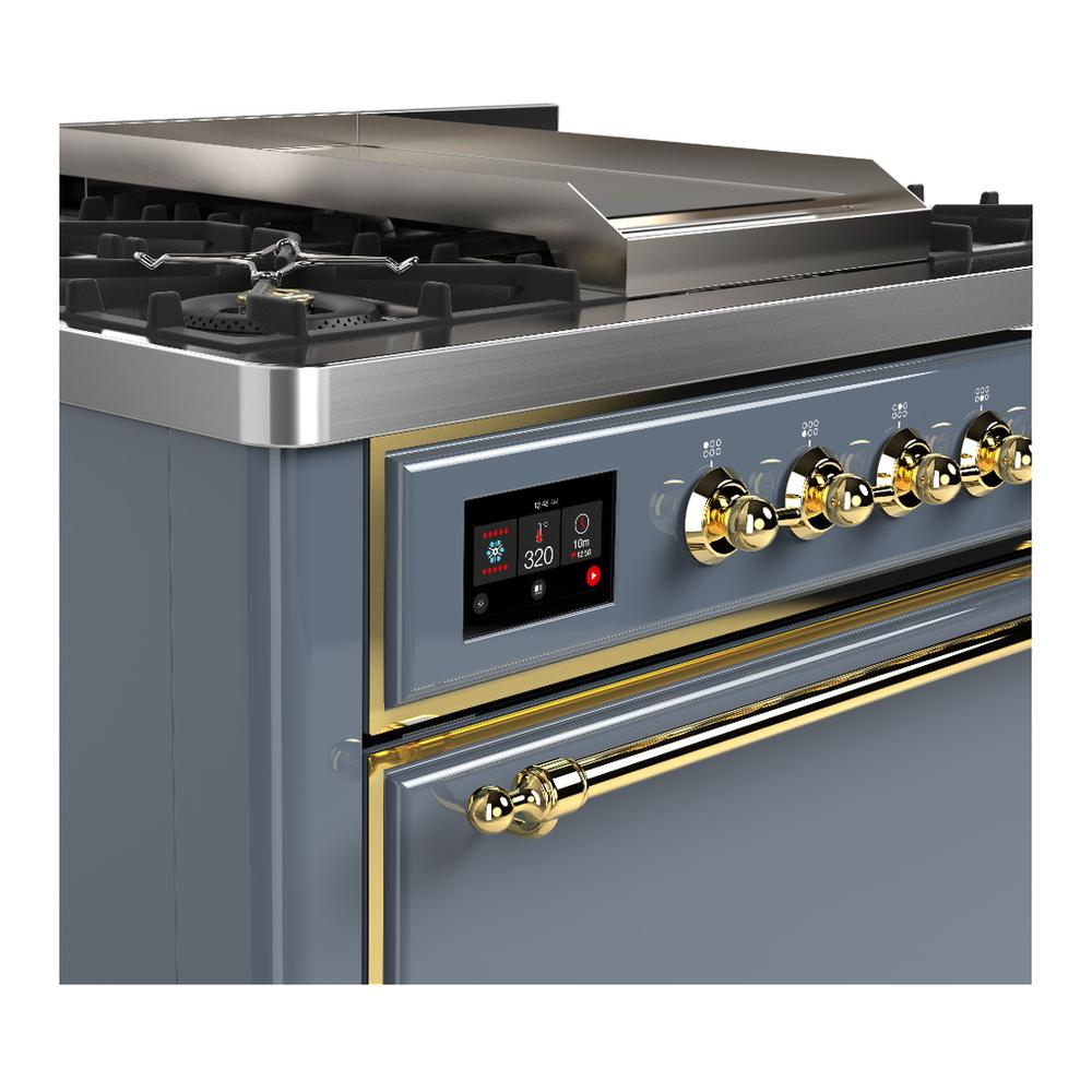 Ilve UM36FQNR3BGG Ilve Um36Fqnr3Bgg Majestic Iii 36 Inch Dual Fuel Range With 6 Black Brass Burners And Griddle, Dual Function Burner Up To 25,000 Btu (Solid Door, Blue Grey, Brass, Natural Gas)