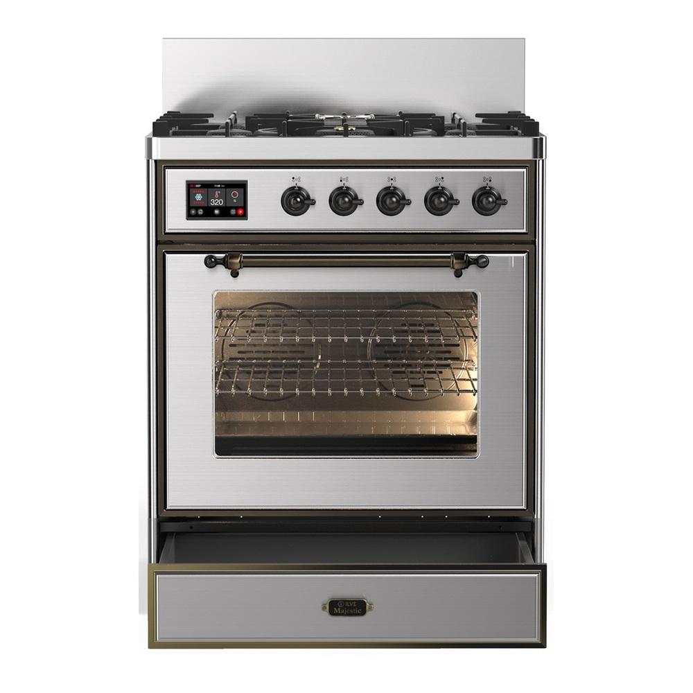 Ilve UM30NR3SSB Ilve Um30Nr3Ssb Majestic Iii 30 Inch Dual Fuel Range With 5 Black Brass Burners, Dual Function Burner Up To 25,000 Btu (Natural Gas, Triple Glass Door, Stainless Steel, Burnished)