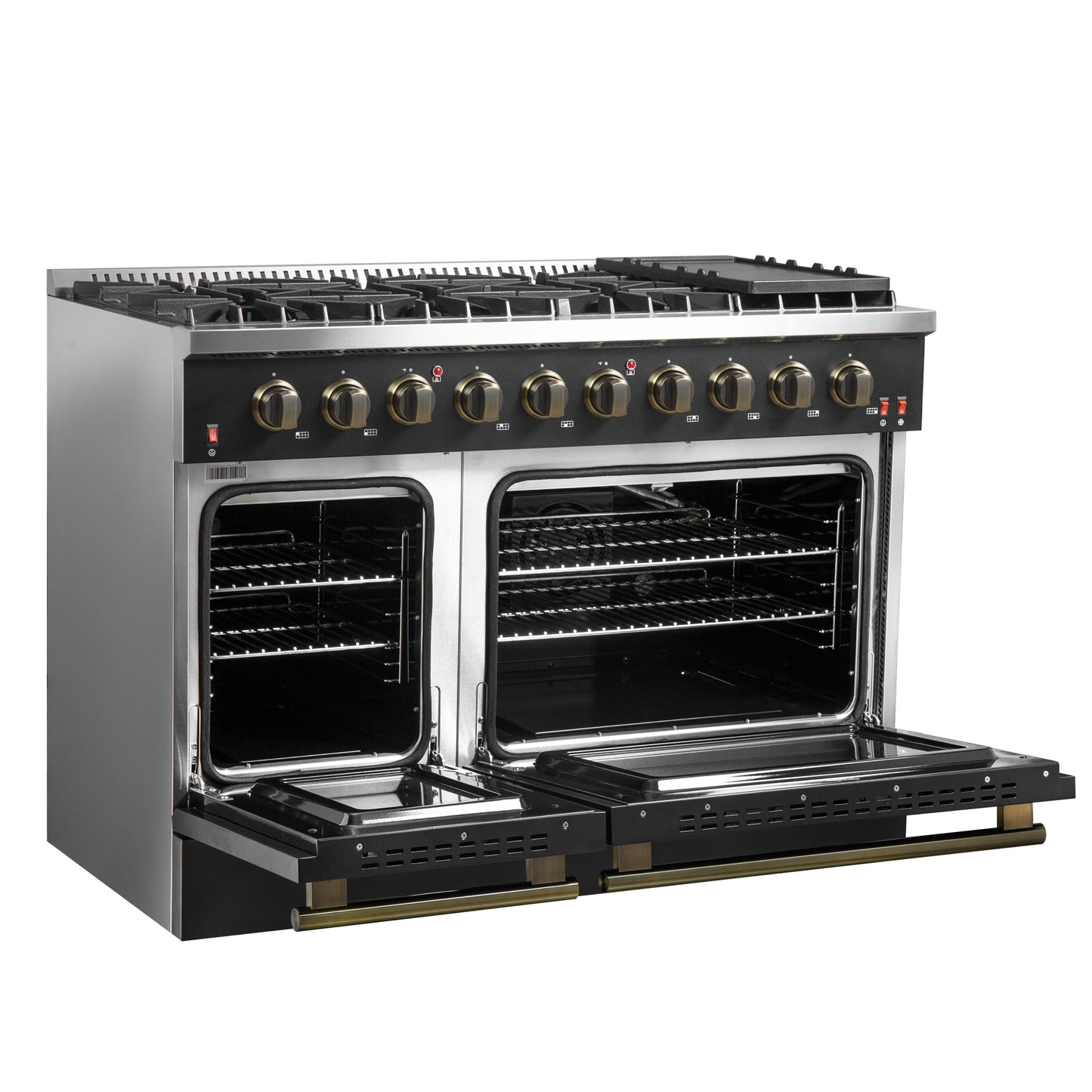 Forno FFSGS624448BLK Forno Galiano 48-Inch Gas Range Black & Antique Brass Design, 8 Burners, 107,000 Btu, Griddle, 6.58 Cu.Ft. Double Ovens