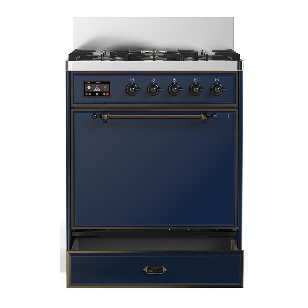 Ilve UM30QNR3MBBLP Ilve Um30Qnr3Mbblp Majestic Iii 30 Inch Dual Fuel Range With 5 Black Brass Burners, Dual Function Burner Up To 25,000 Btu (Liquid Propane, Solid Door, Midnight Blue, Burnished)