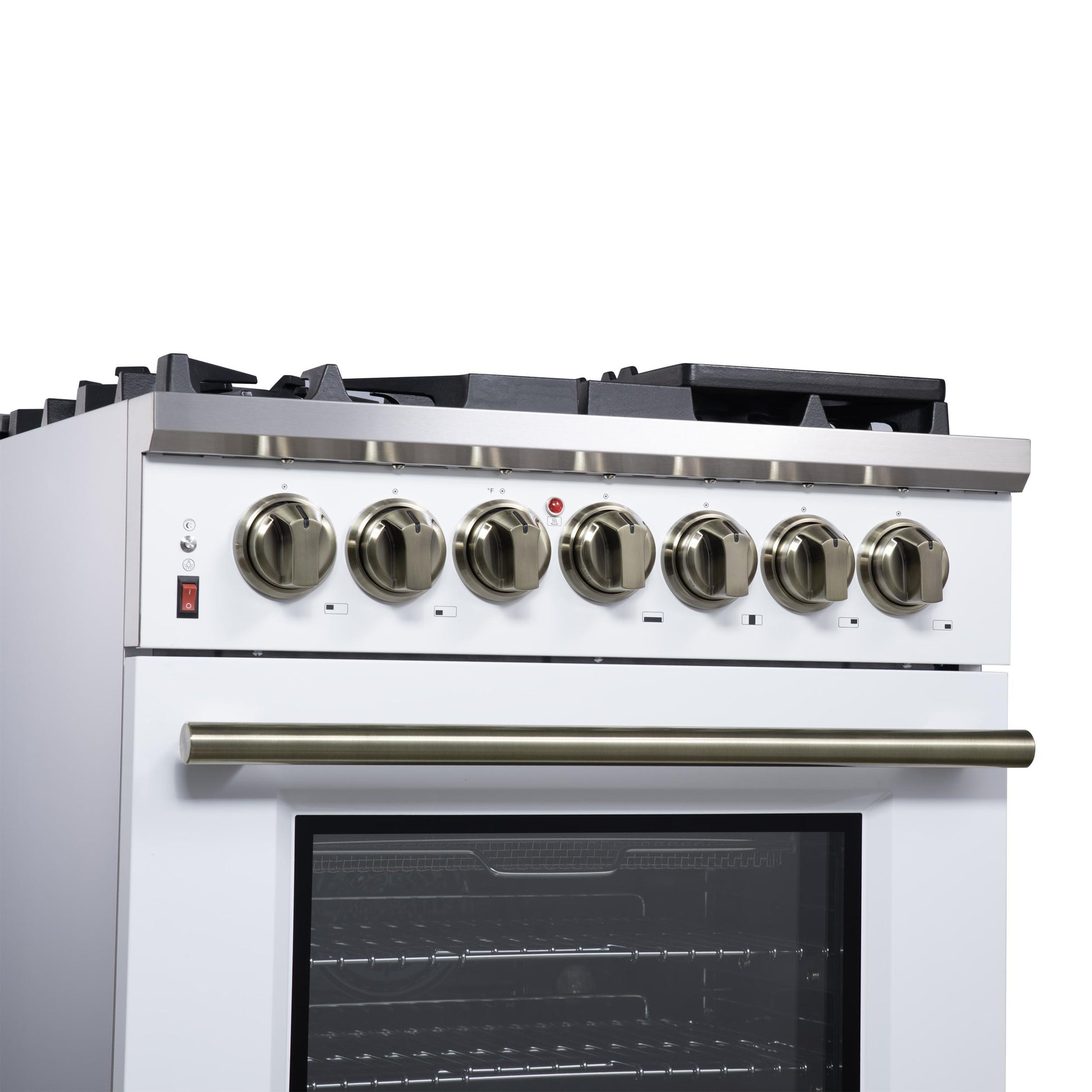 Forno FFSGS612530WHT Forno Massimo 30-Inch Freestanding Dual Fuel Range In White With Antique Brass Accessories, 4 Burners, 4.32 Cu. Ft. Convection Oven